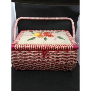 Vintage JC Penney Japan wooden Wicker floral Sewing Basket  READ DESCRIPTION